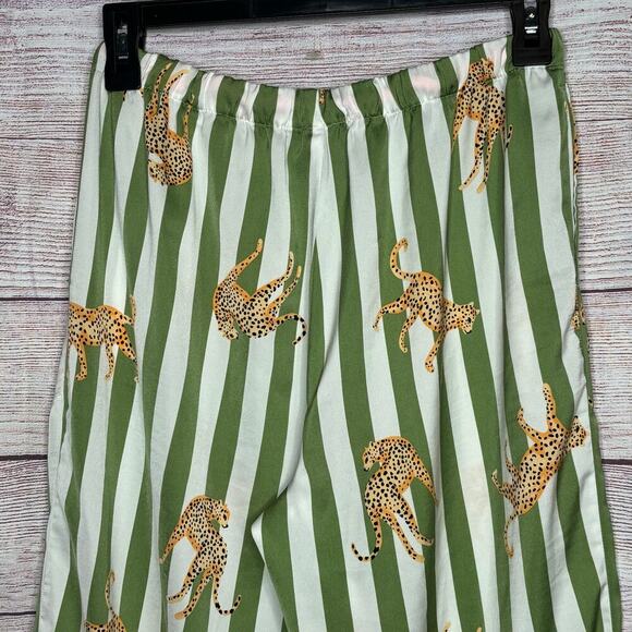Room Service Wide Leg Crop Cheetah Green White Tropical Pajama Pants Size Small - Picture 7 of 8